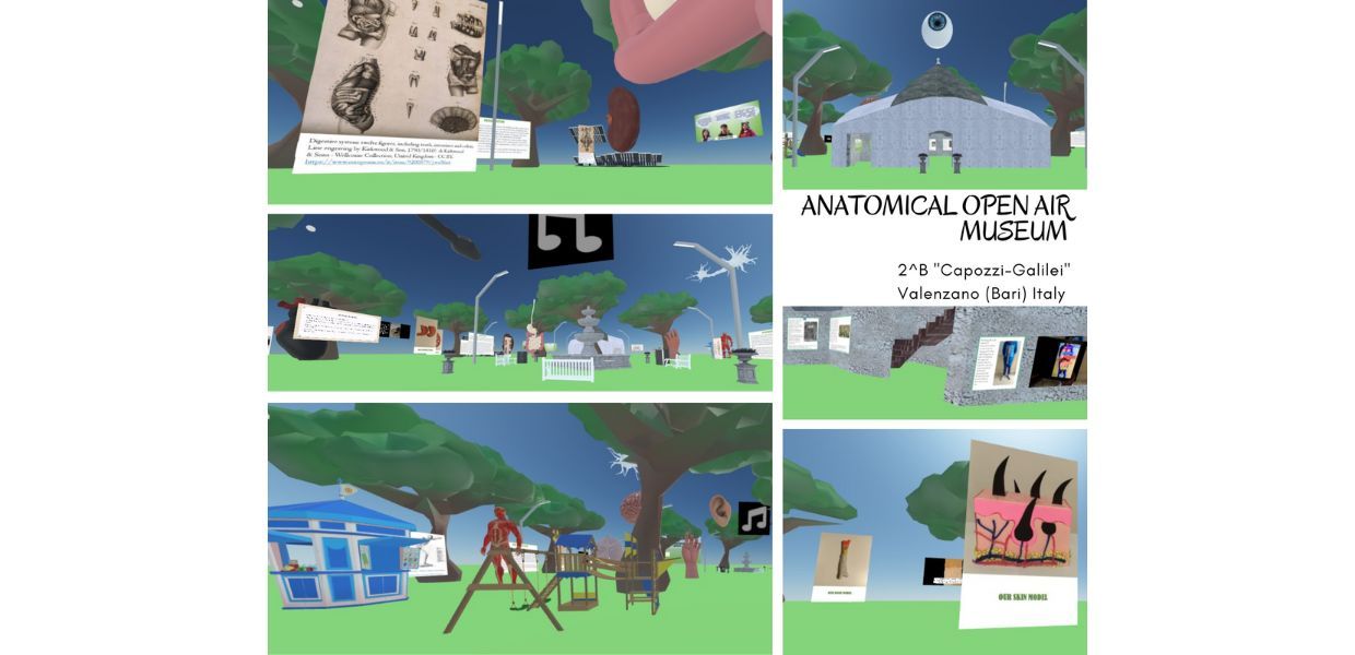 Colleage of screenshots from a virtual open air museum created in Mozilla Hubs, as part of the Built with Bits programme, reusing material from Europeana.eu