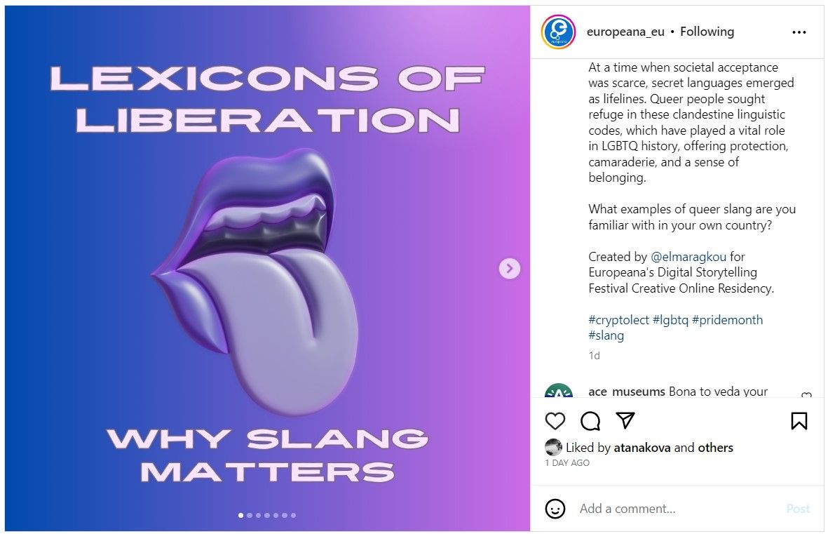 Screenshot of Instagram post by Eleni, from the Europeana account with text: Lexicons of Liberation; Why slang matters