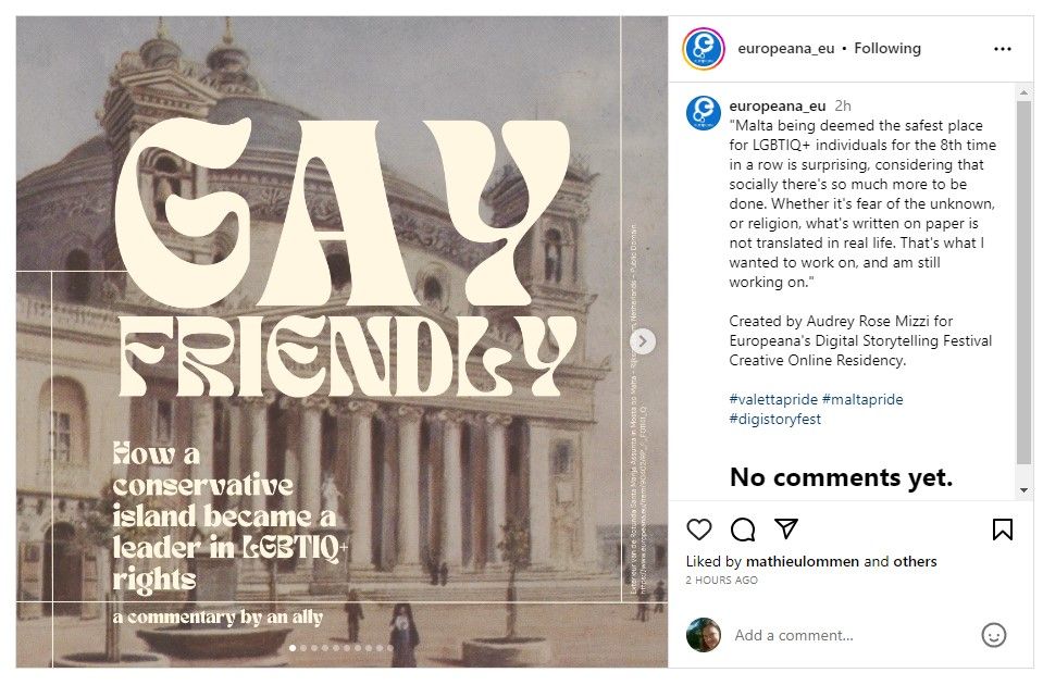 Screenshot of Instagram post by Audrey from the Europeana account with text: Gay friendly - How a conservative island became a leader in LGBTIQ+ rights