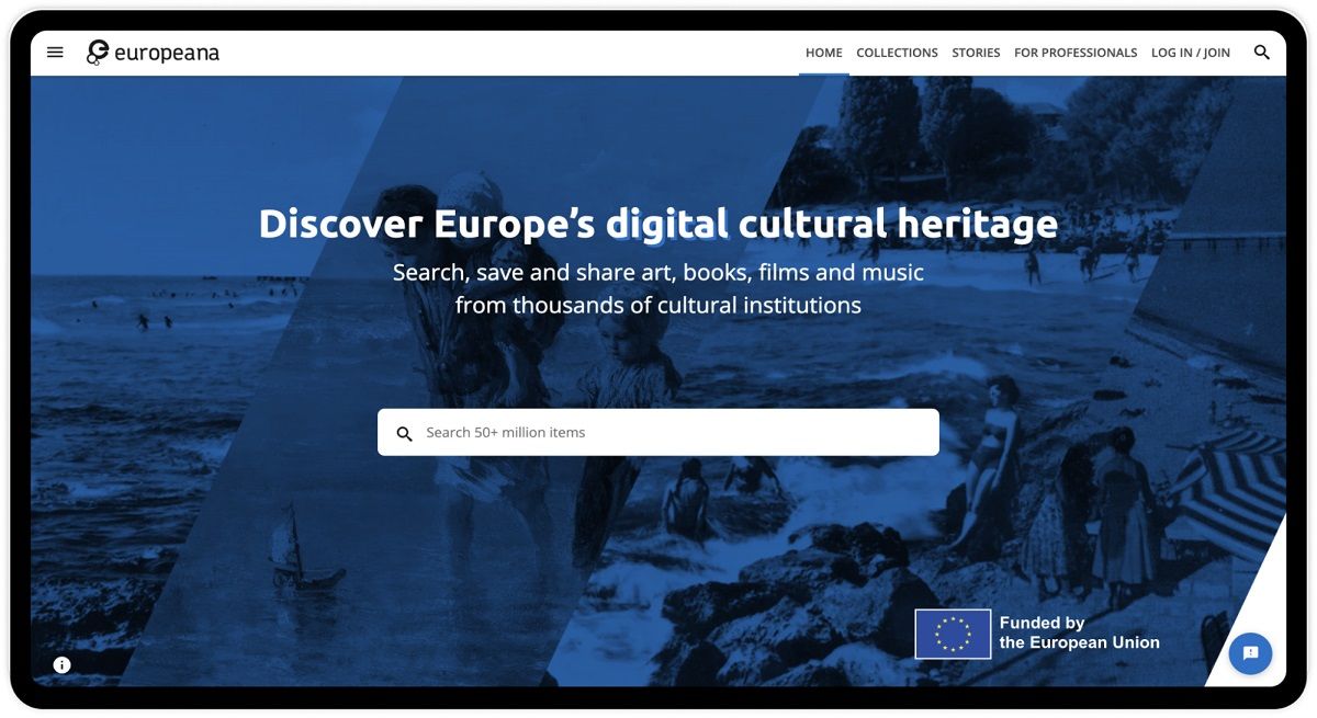 Europeana.eu homepage. The primary action for online visitors on Europeana.eu is to search the collections, as prompted by the single search bar in the middle of the page.