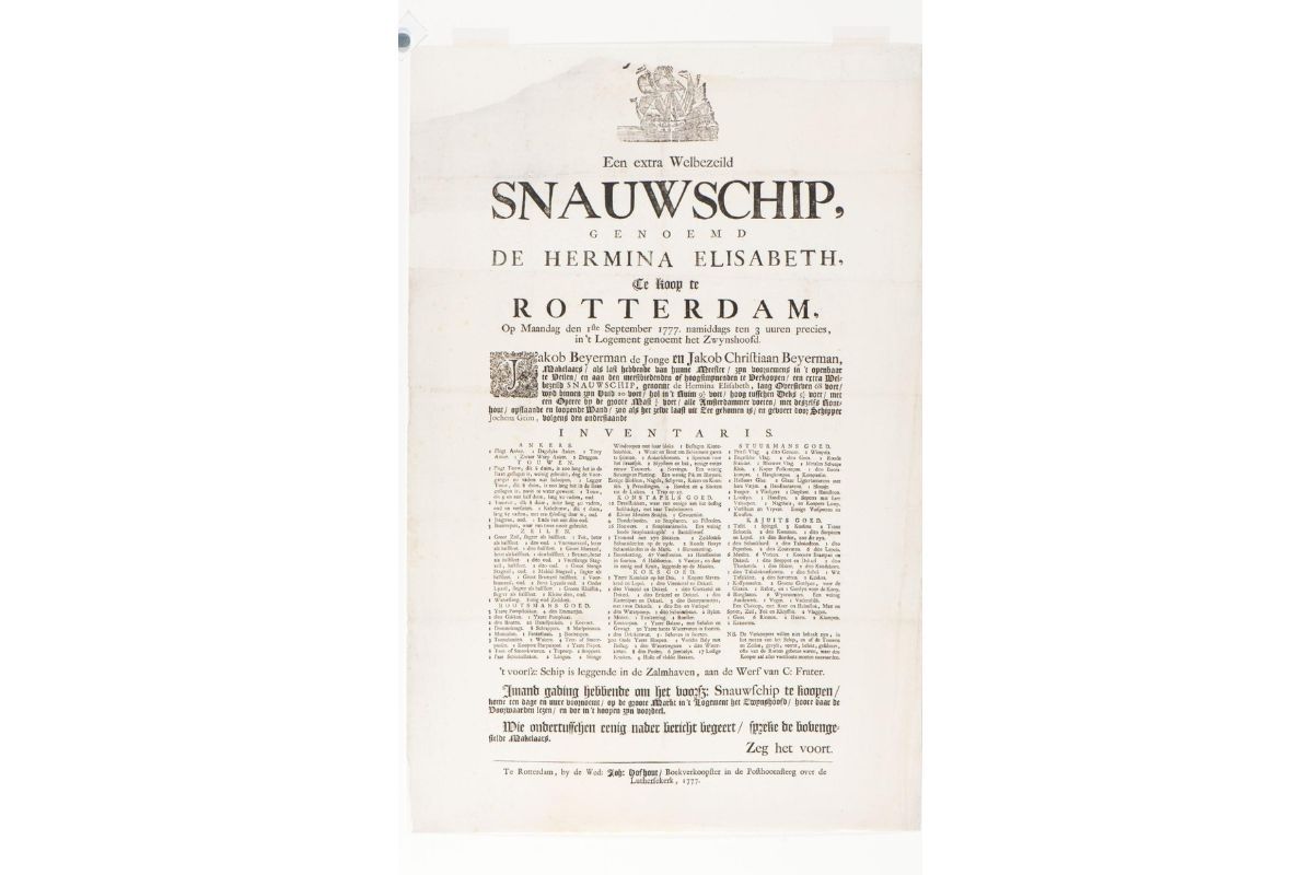 Document of an auction of Snauwschip genoemd de hermina Elisabeth.