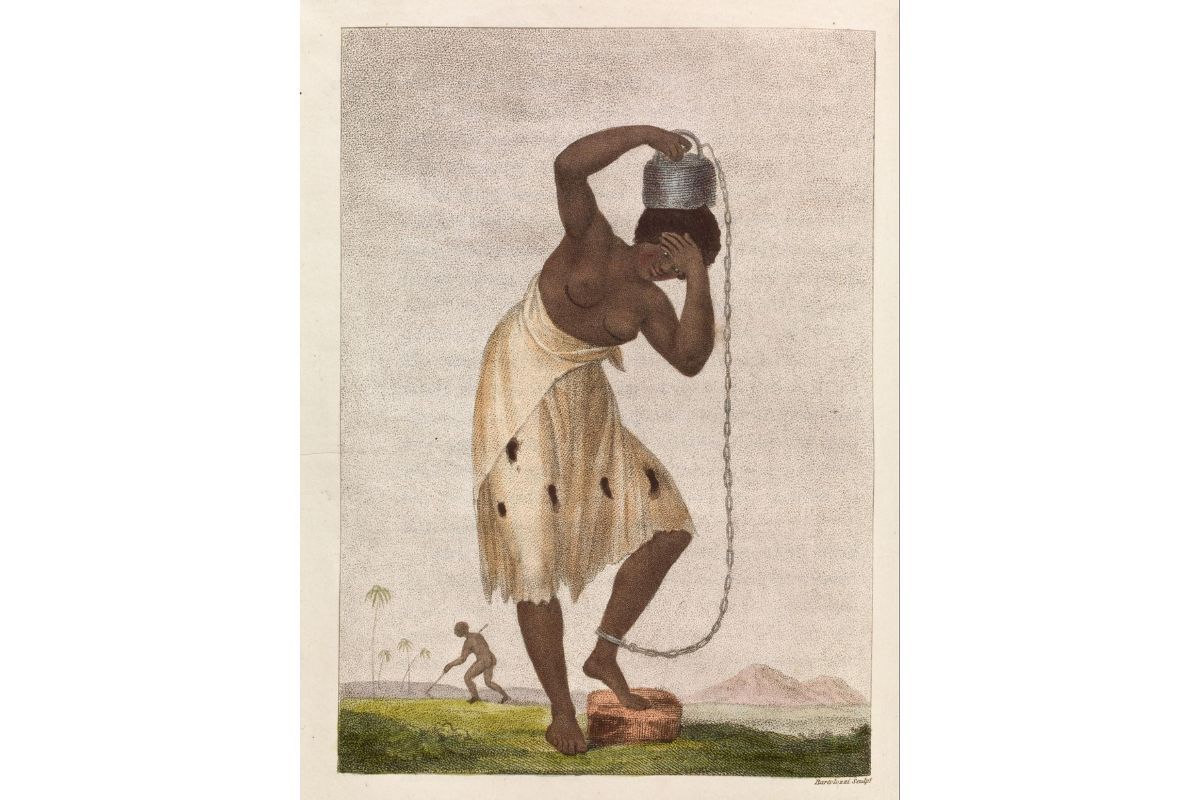 An illustration of a Black woman in chains, wiping her forehead. She wears a white skirt and is naked from the waist up. In the background, a Black person is working on the land with palm trees and mountains in the distance.