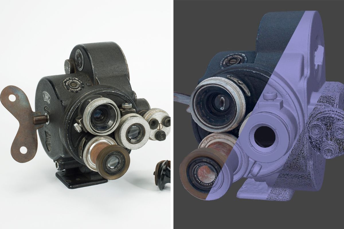 Photograph of a cinematographic camera, and it digitised in a 3D model