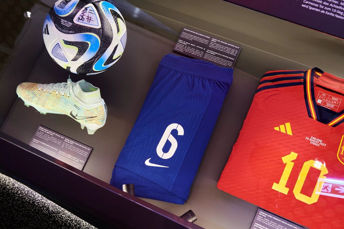 The 2023 FIFA Women’s World Cup showcase with Millie Bright’s shorts, Jennifer Hermoso s shirt and Barbra Banda s boots and the ball she scored the 1000th Women’s World Cup goal with.