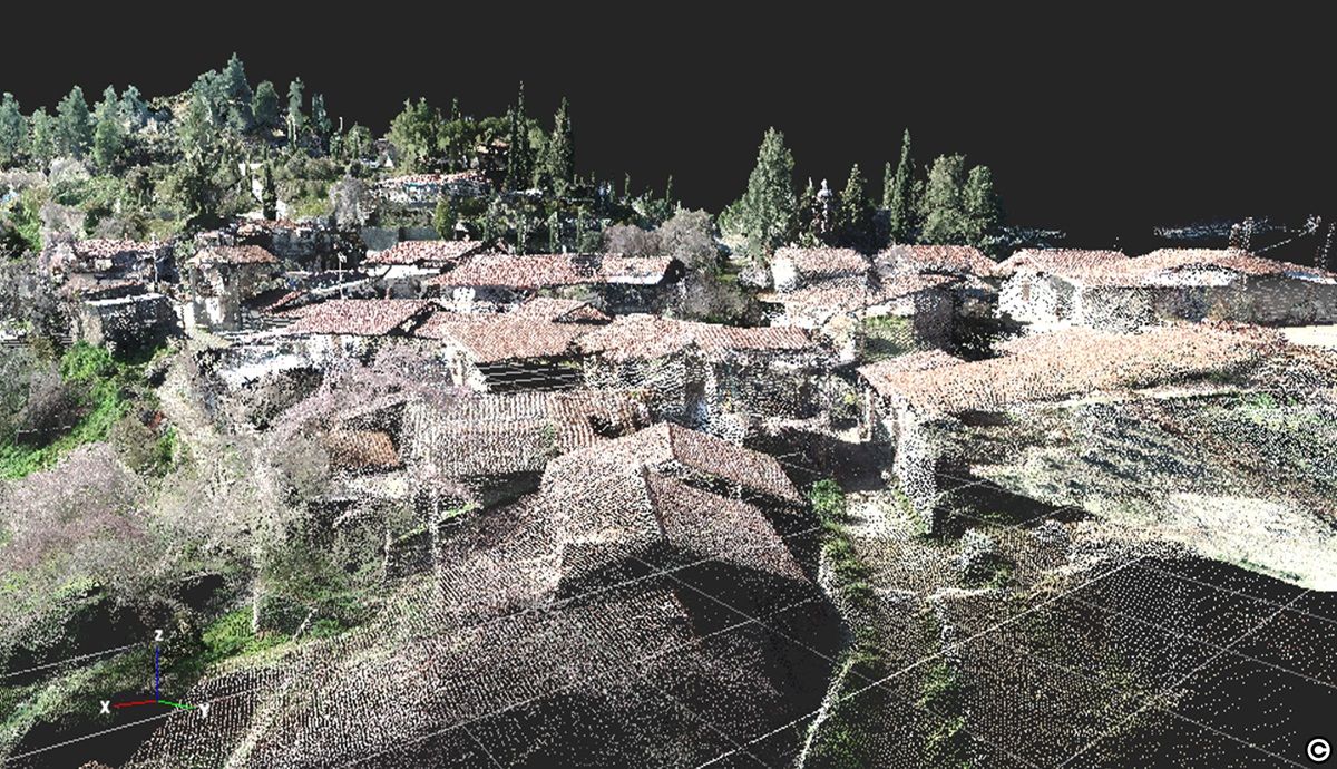 A 3D point cloud mesh created from drone photography of the village.