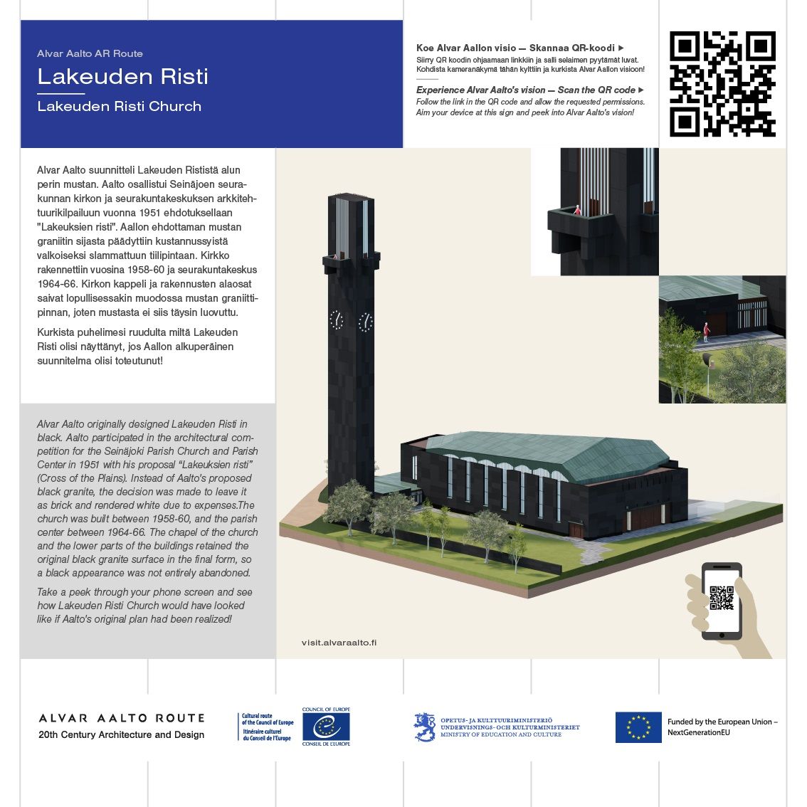 A screenshot of the Cultural Routes webpage for the Lakeuden Risti. It shows a 3D model of a large, dark building with tall windows and a green route, next to a very tall tower and some explanation of the building. ©Alvar Aalto Route. In Copyright. 
