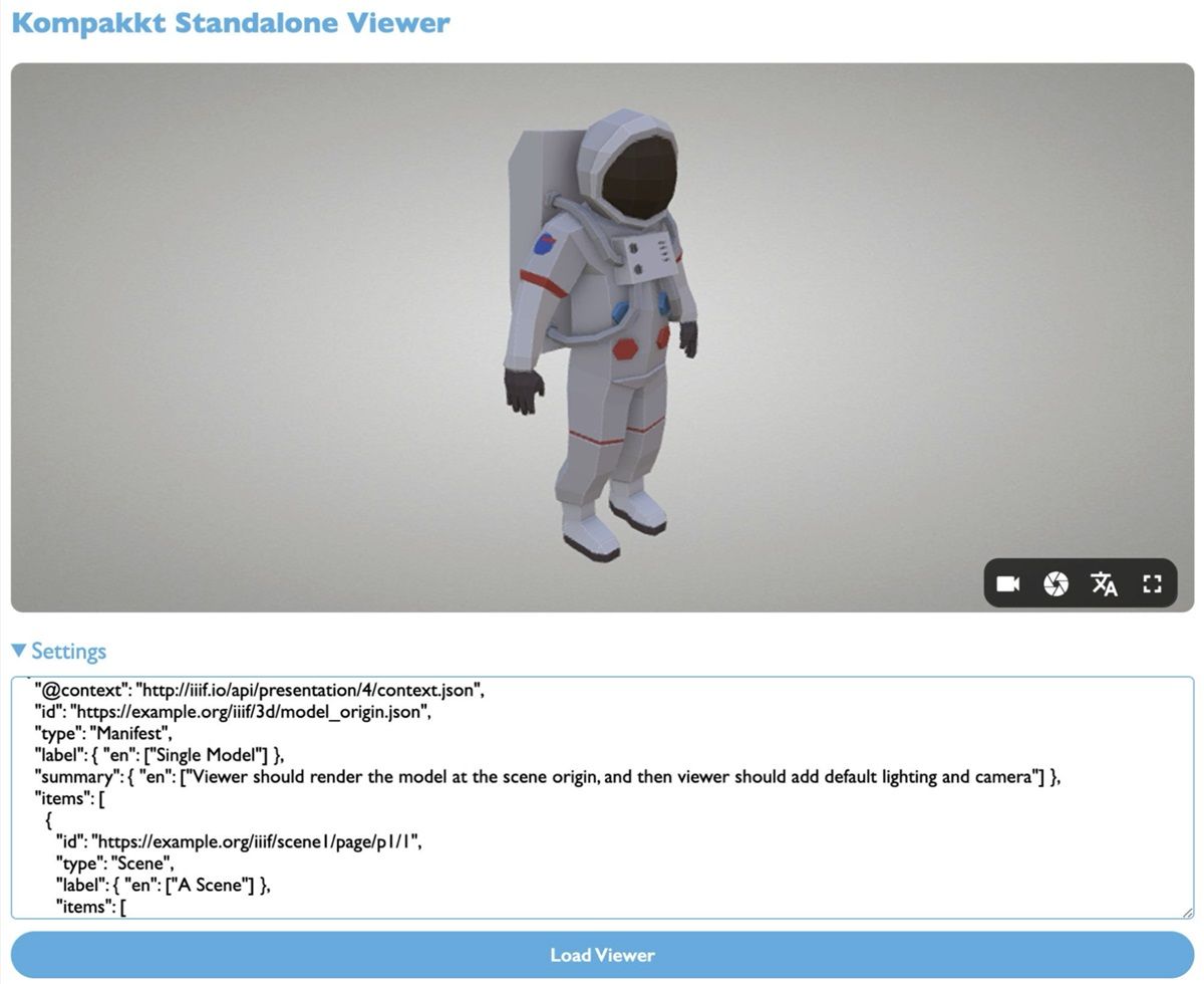 Kompakkt Stand Alone Viewer interface featuring a loaded IIIF manifest, an astronaut.