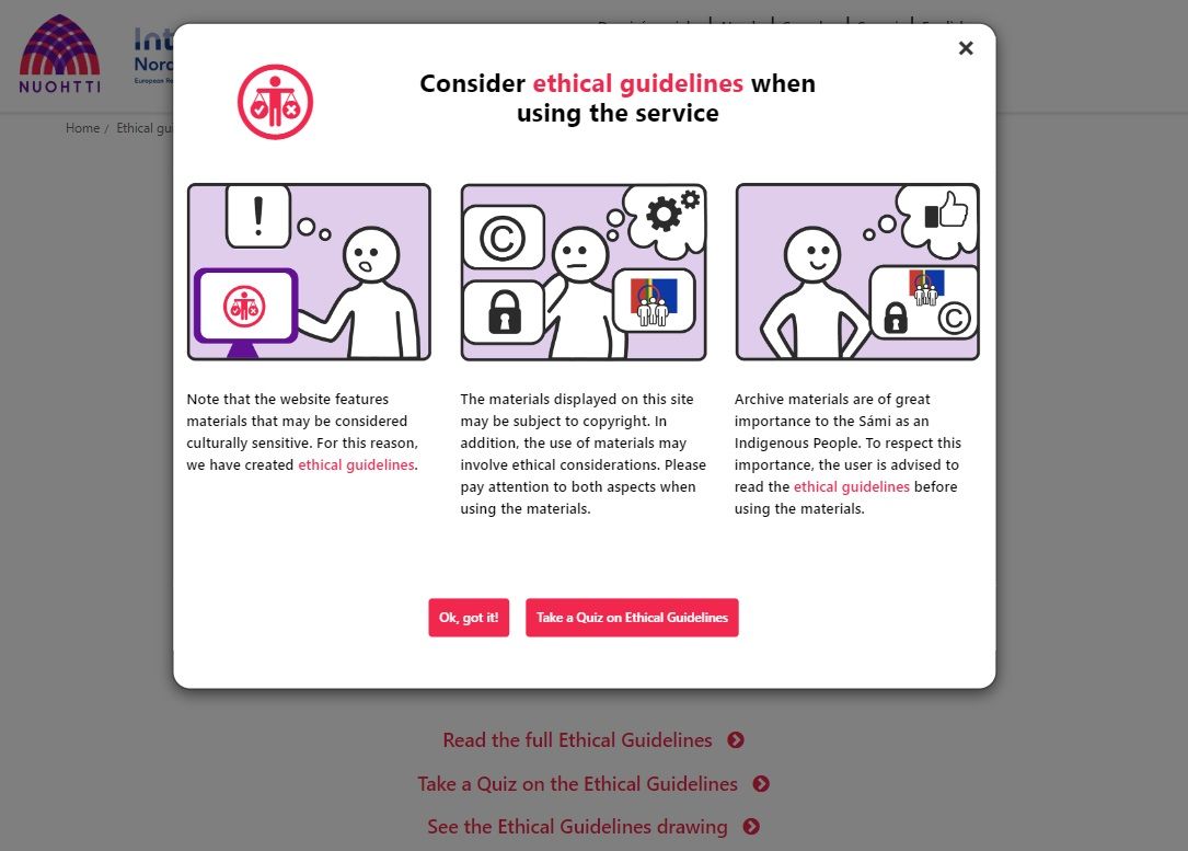 Screenshot showing an ethical guidelines pop-up on the Nuotthi portal