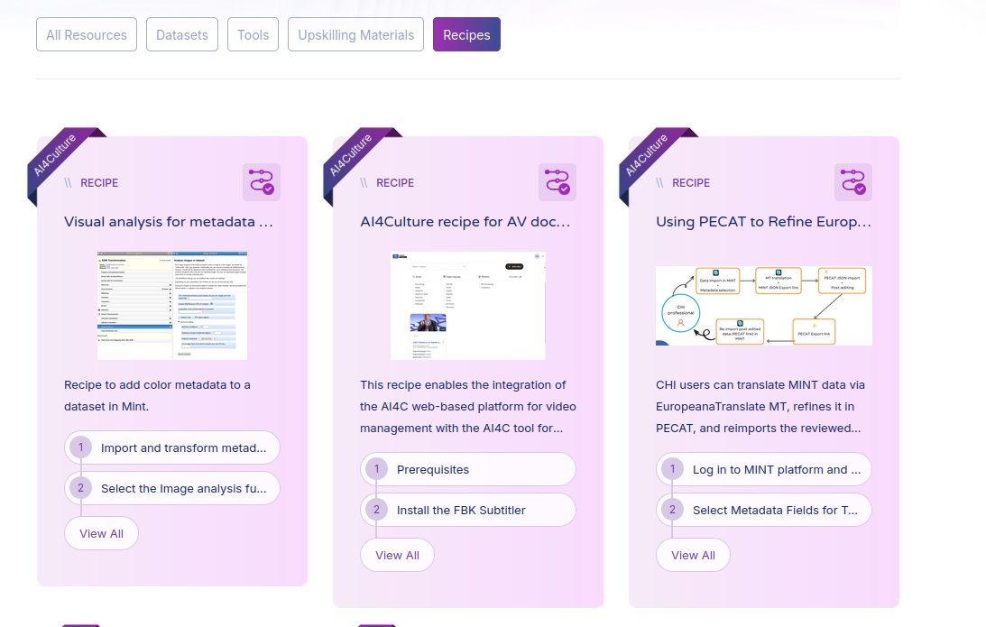 Overview of some recipe entries available on the AI4Culture platform