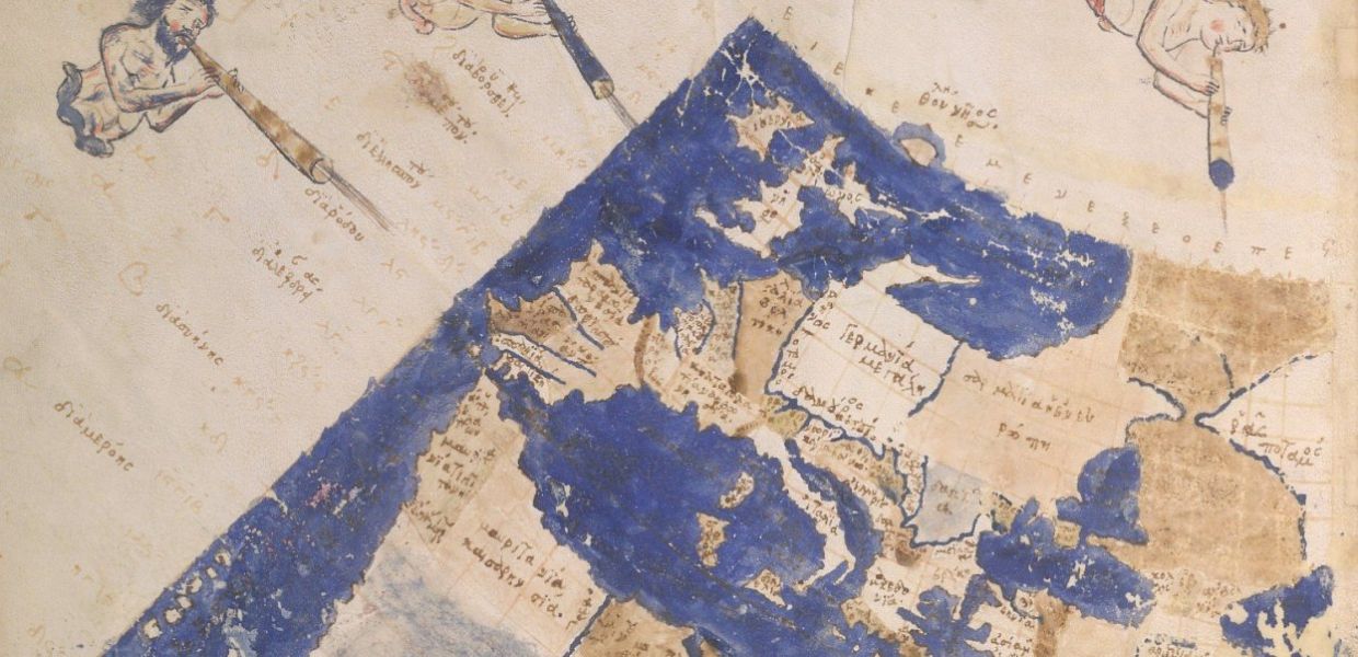 Detail of a drawing of a map, with the winds, written in Greek.