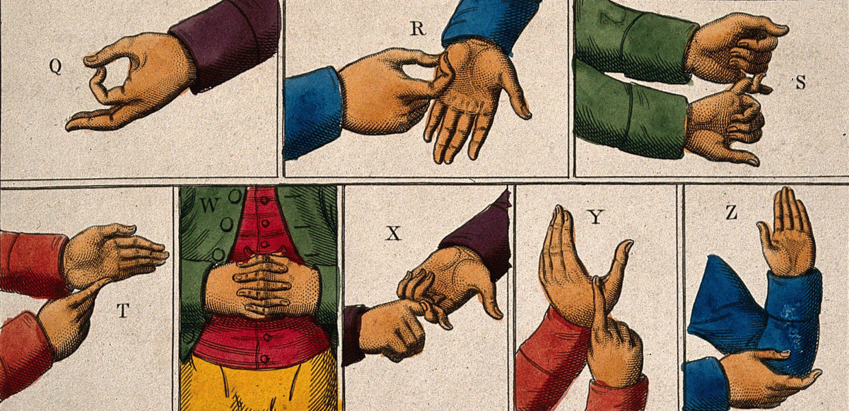 Hands showing the sign language alphabet. Coloured line engraving, Wellcome Collection, United Kingdom, CC BY