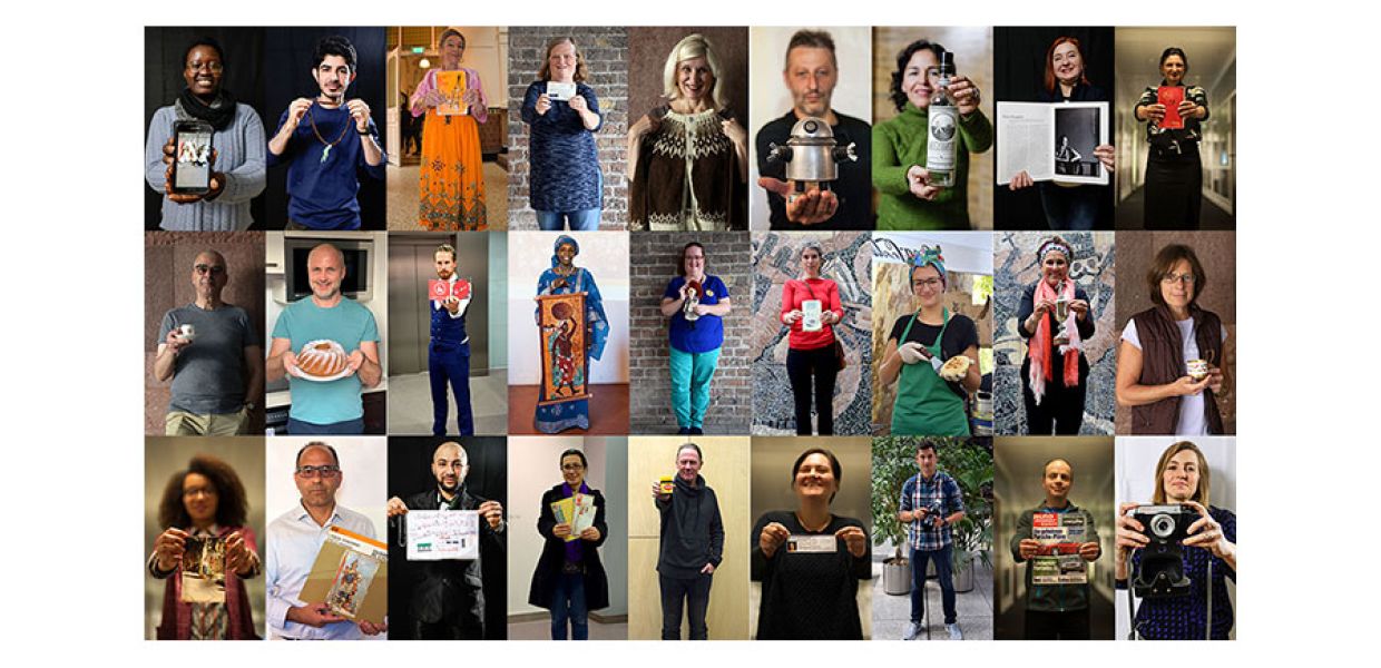 collage showing 27 people, each holding an object