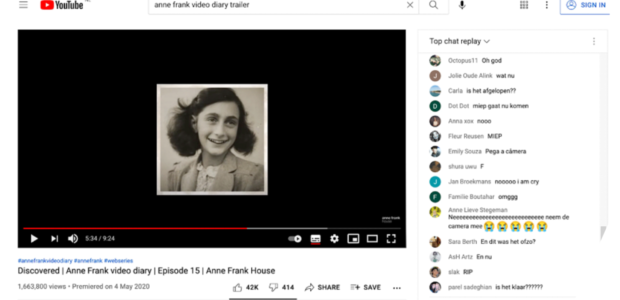 Screenshot of Anne Frank video diary on YouTube, with chat comments showing