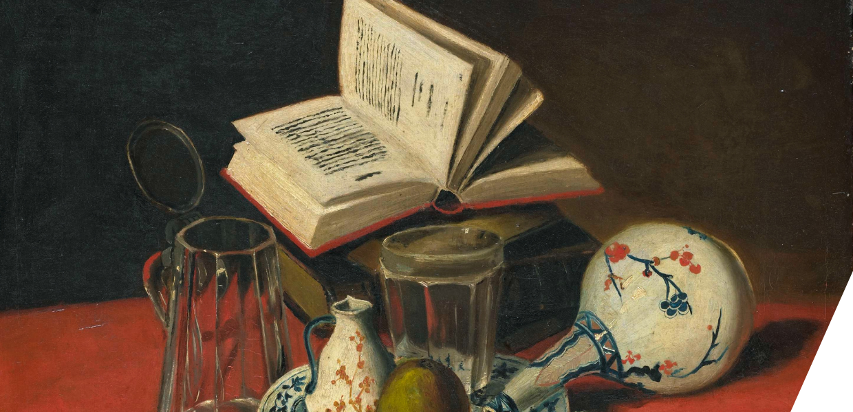 Still life. On a table with a red cloth are some books, a fallen Chinese vase, a glass jug with open lid and a blue porcelain plate with a knife, an apple, a jug and a glass.
