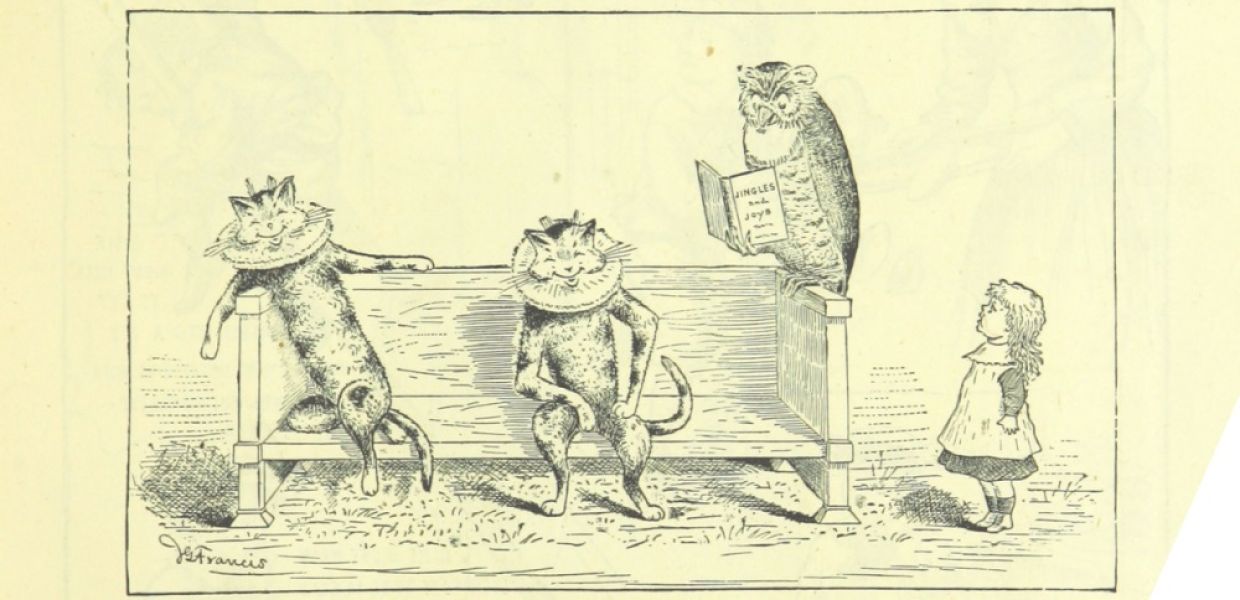 An owl reads from a book to two cats and a small child