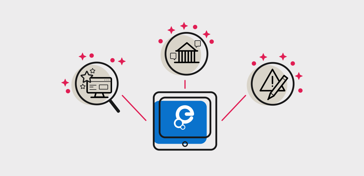 Icons showing the Europeana logo, a computer, temple and warning symbol.