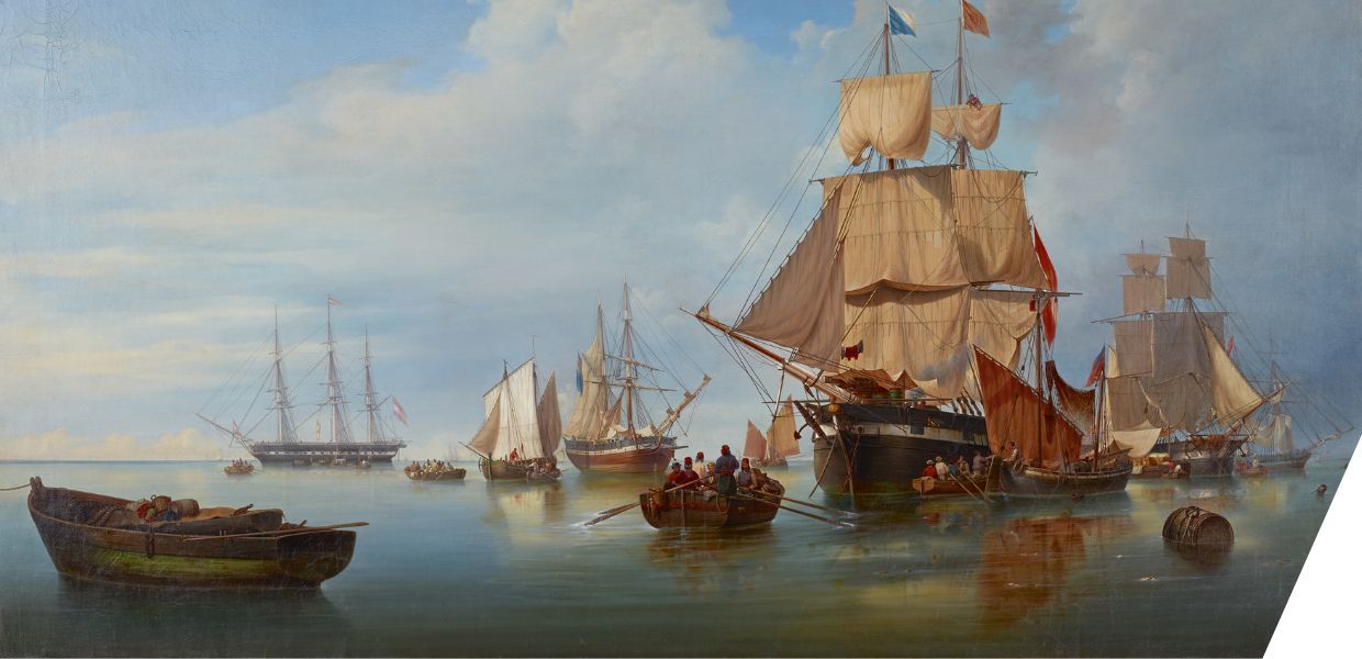 A large sailing ship on a calm sea, surrounded by smaller ships