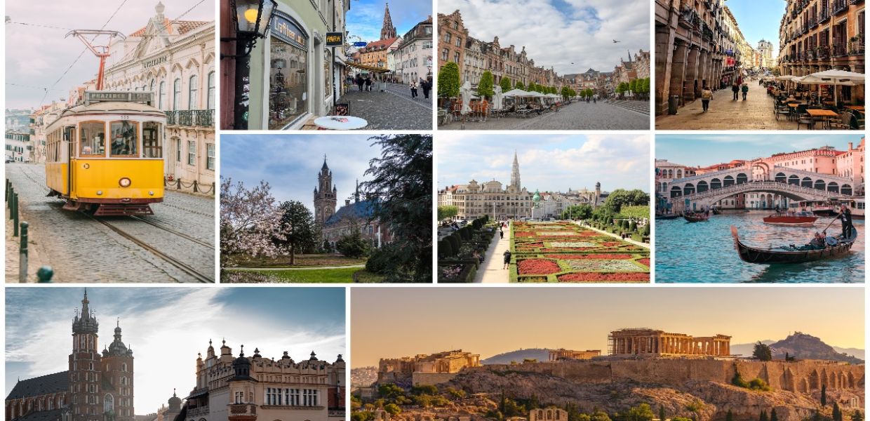 Collage of photos of European cities connected with the European Heritage Hub project: Lisbon, Freiburg im Breisgau, Leuven, Madrid, The Hague, Brussels, Venice, Krakow, Athens.