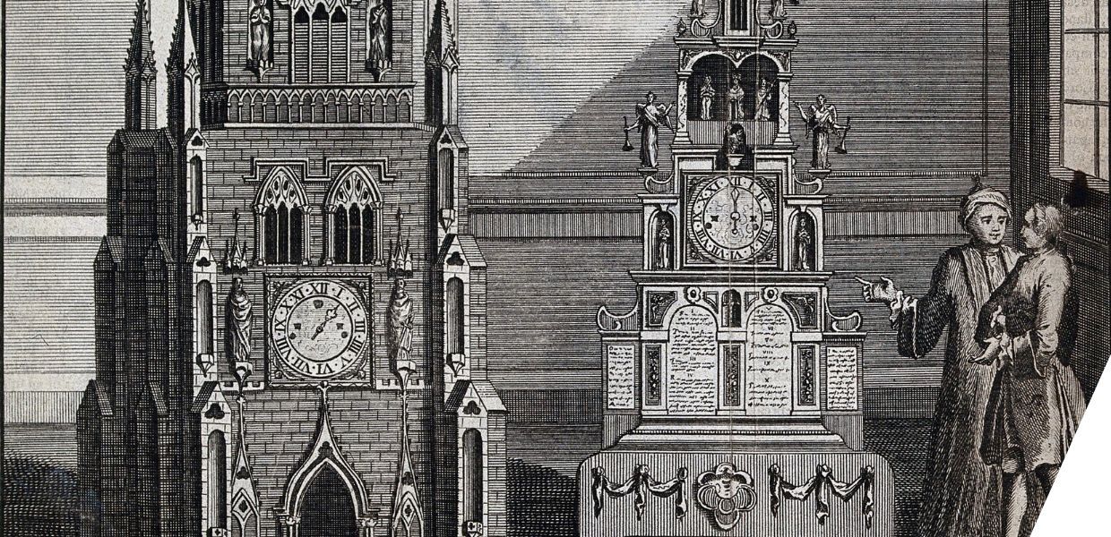 Engraving of two men looking at two large, elaborate clocks