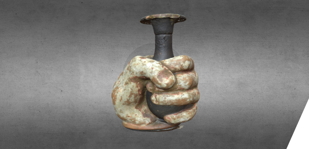 3D model of a stone hand clasping a container