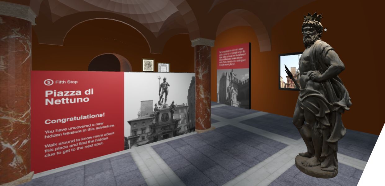 A screenshot of a virtual space in Mozilla hubs with information boards and classical statues