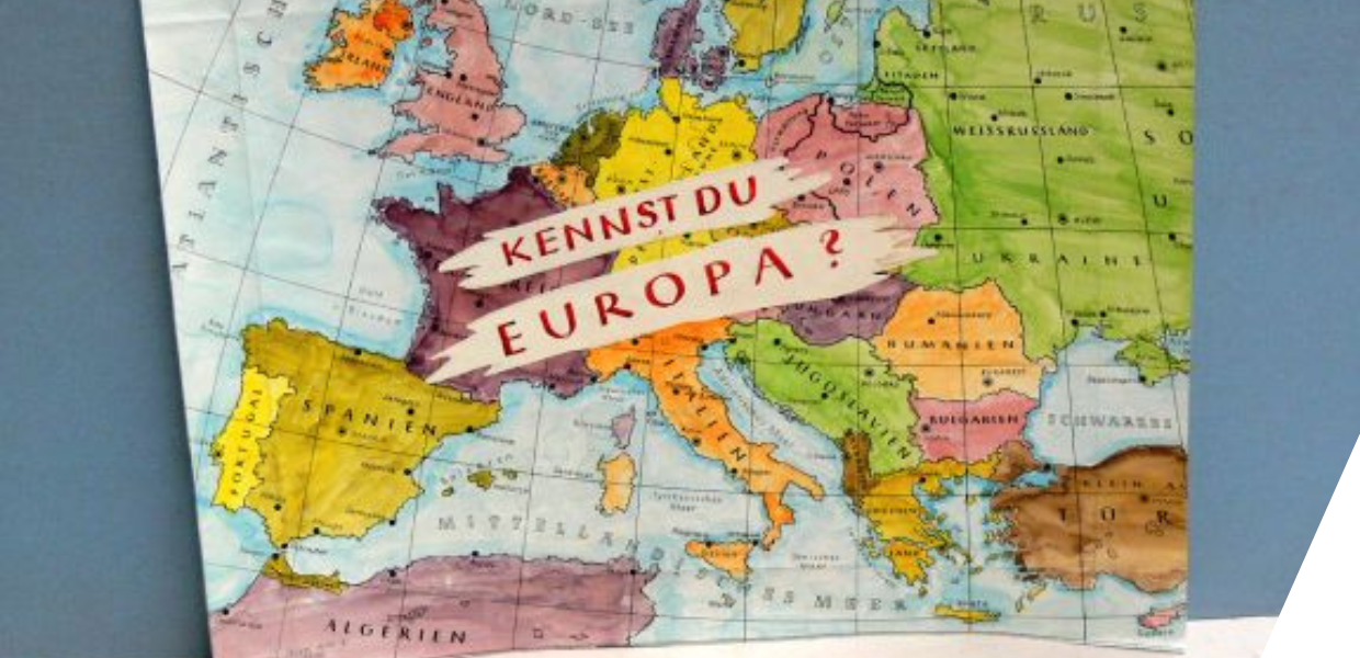 A hand-coloured map of Europe overlaid with the words 'Kennst du Europa'?