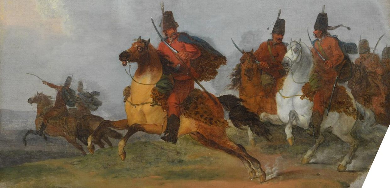 Five soldiers on horseback holding sabers