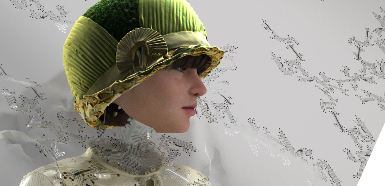 Generated image of a woman in a green hat, with musical notes overlaying the space next to her and passing through where her neck should be