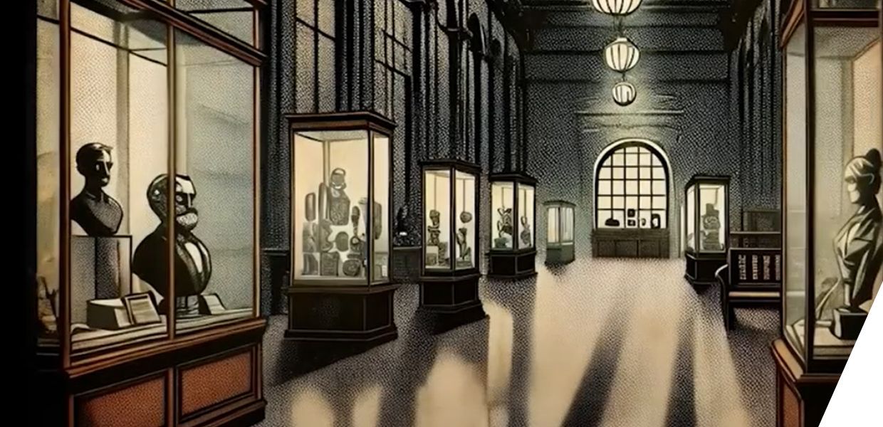 Illustration of a museum with cabinets showing different sculptures. 