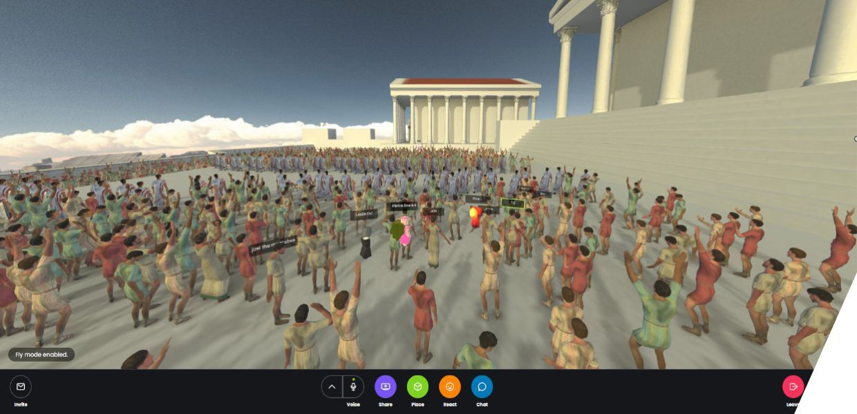 A screenshot of a virtual environment created in Mozilla hubs, showing figures with their hands up in a large classical square