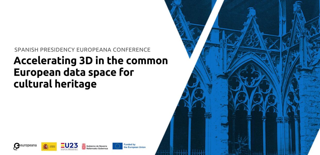 Event imagery showing the Pamplona Cathedral with a blue overlay and event title Accelerating 3D in the common European data space for cultural heritage: Building capacity for 3D