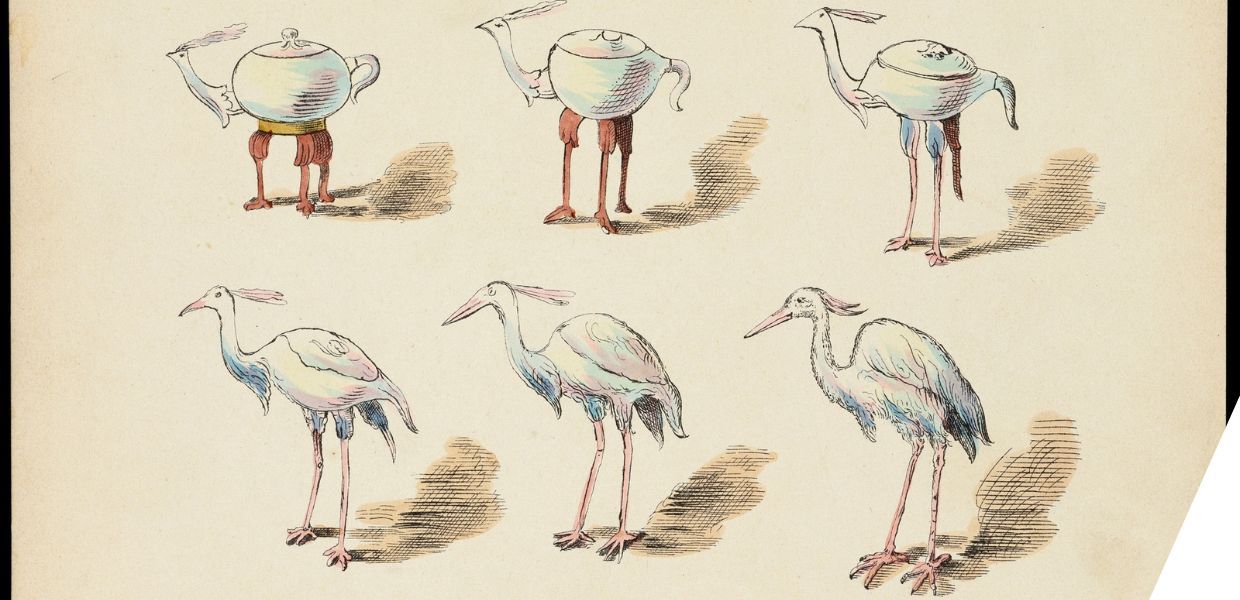 Cartoon showing a stork evolving into a teapot