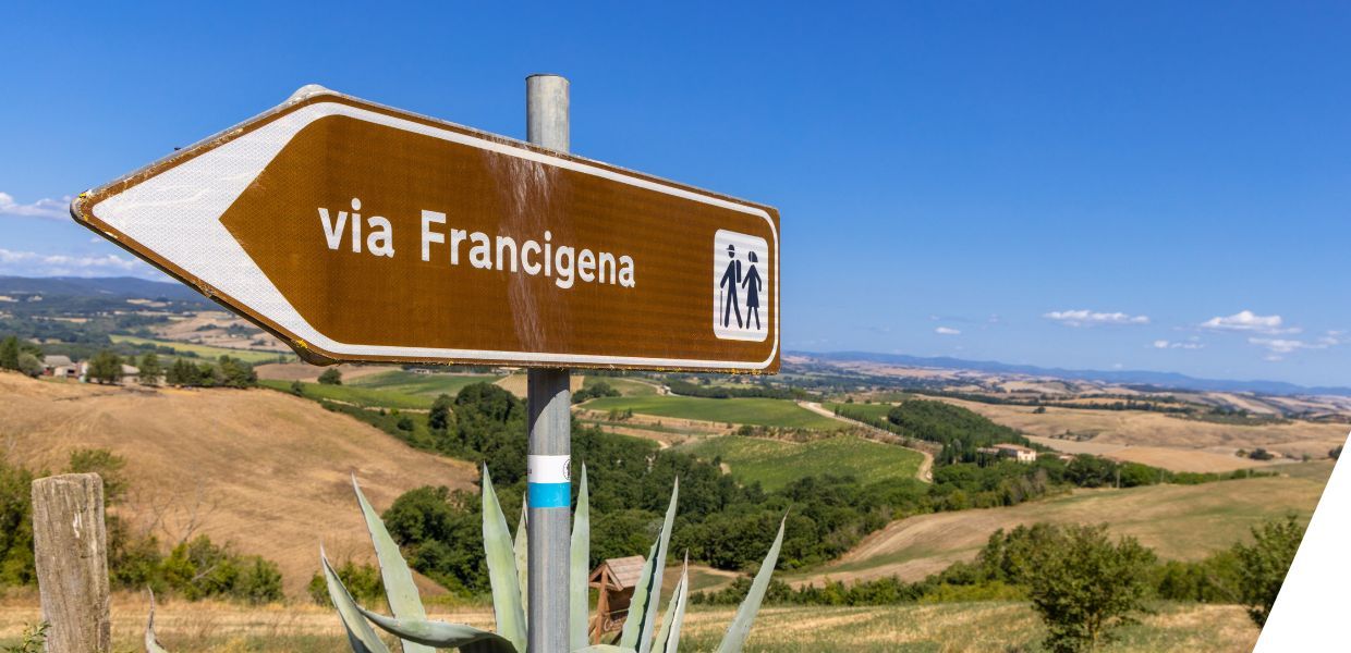 A road sign in rolling countryside that points via Francigena