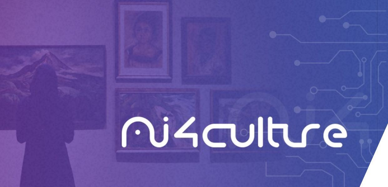 A figure seem from behind, looking at paintings hung on a wall, overlaid with the AI4Culture logo.