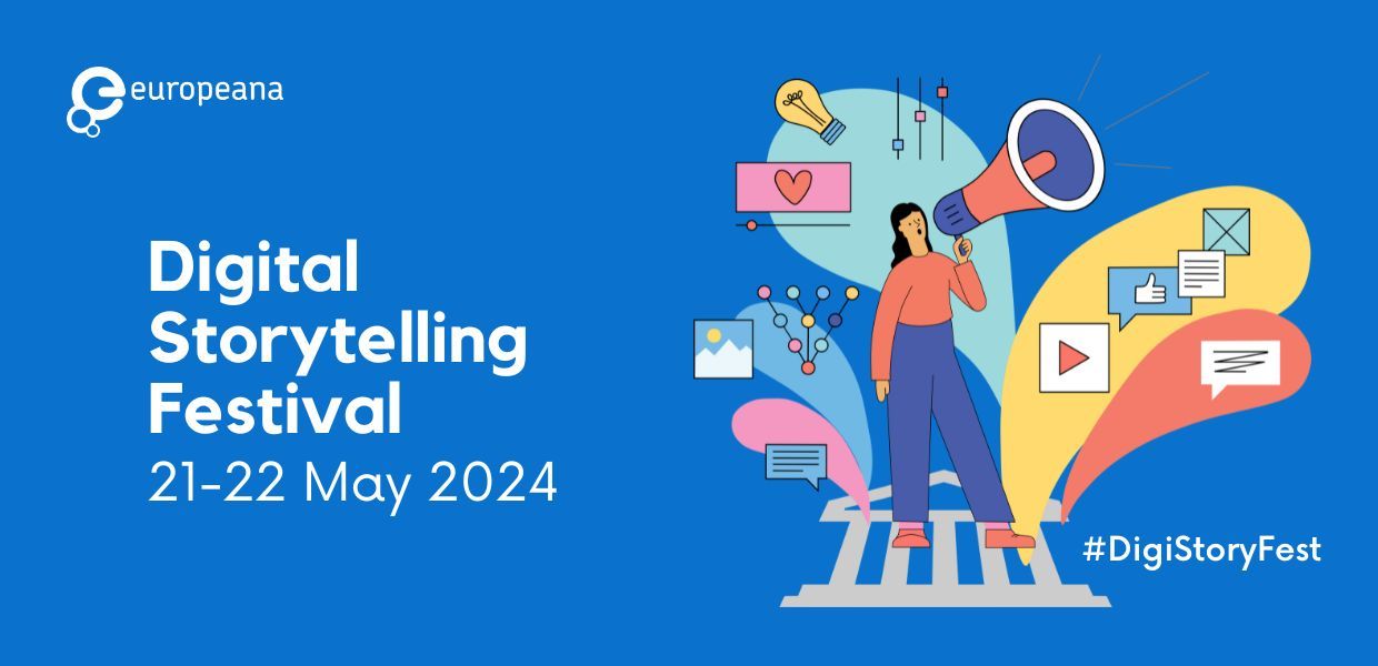 Digital Storytelling Festival Graphic,  a figure with a microphone, 21 - 22 May 2024