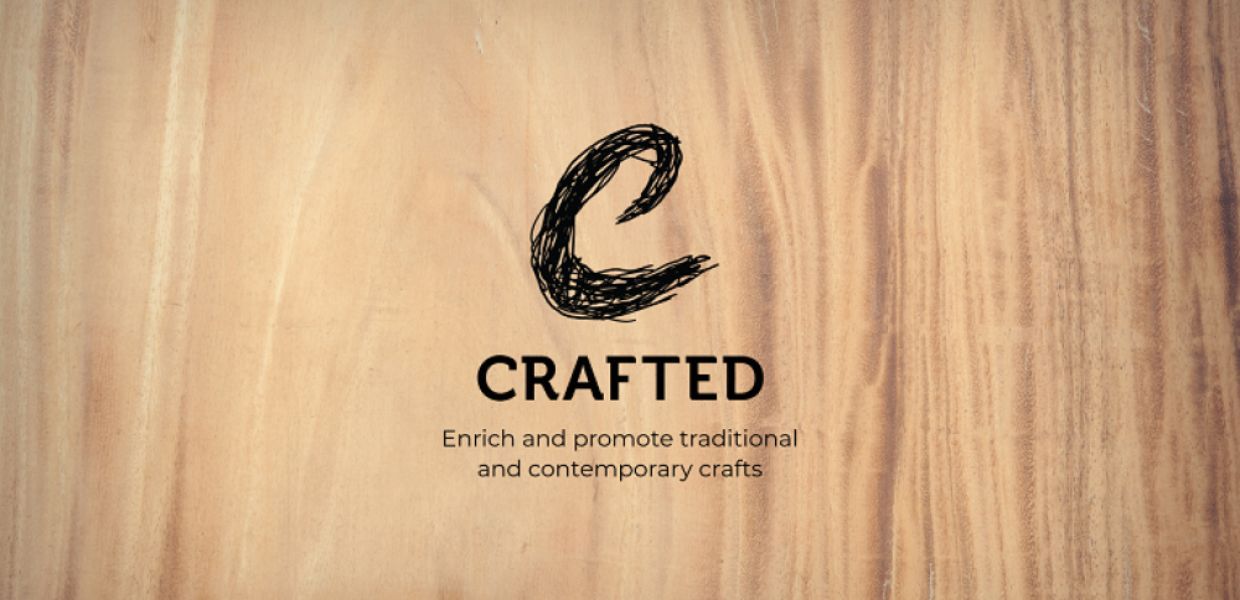 the logo and tagline of the Crafted project with a wood grain pattern background