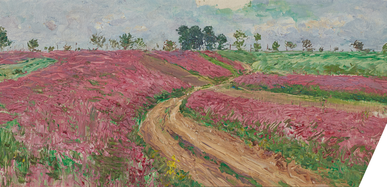A track leading through fields covered with flowers, with trees on the skyline