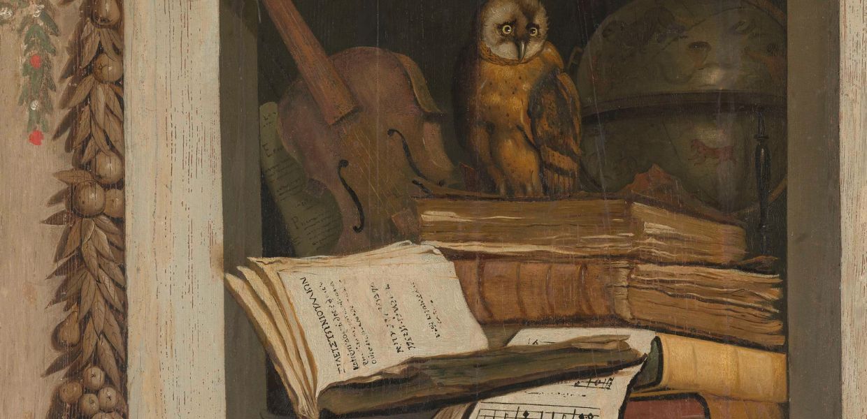 Still Life with Books, Sheet Music, Violin, Celestial Globe and an Owl