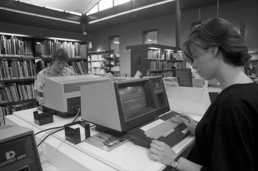 A person working on a computer in a library