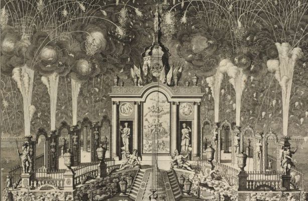 Fireworks and celebrations in a classical garden